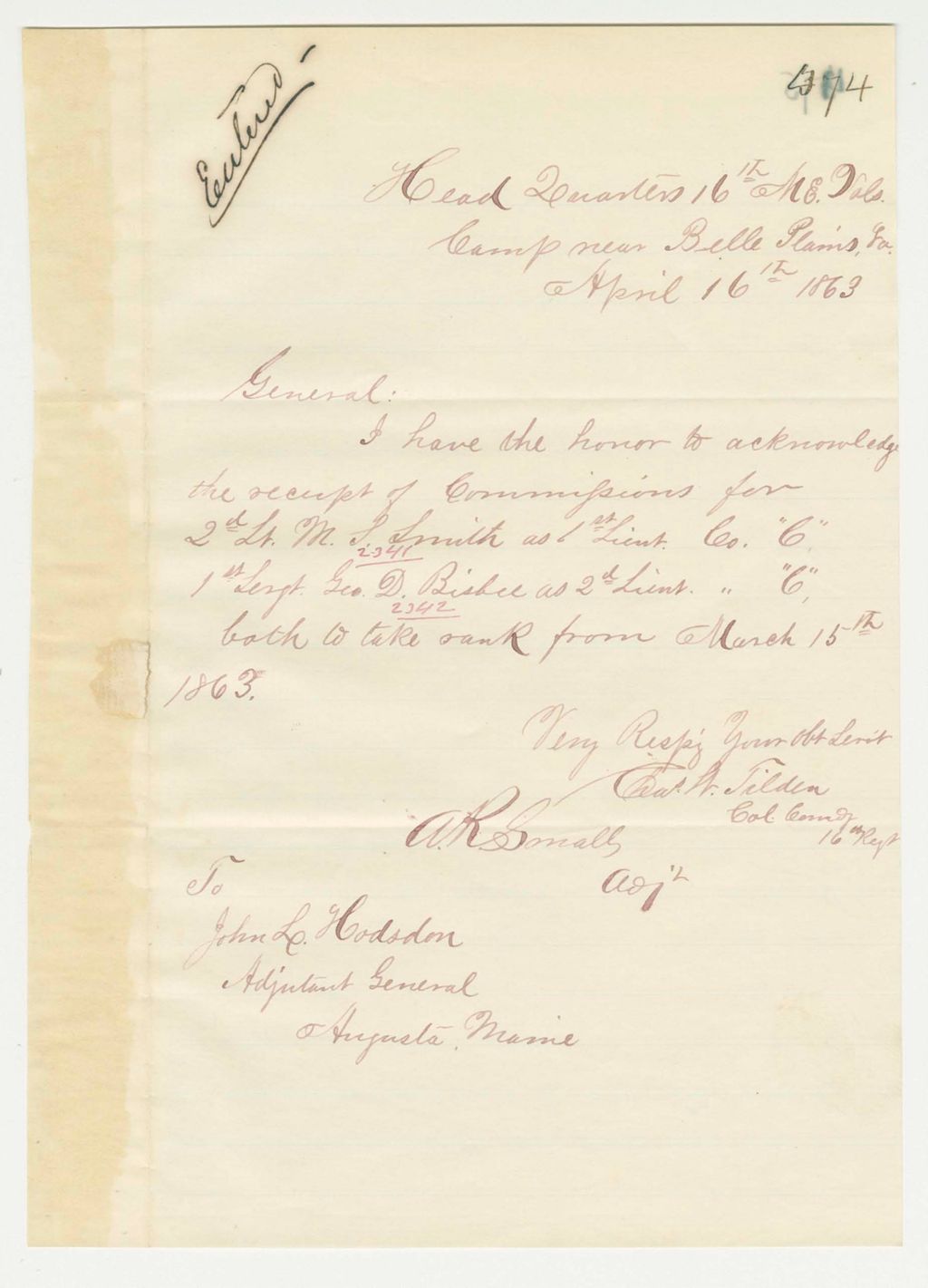 Miniature of Colonel Tilden acknowledges commissions of Smith and Bisbee