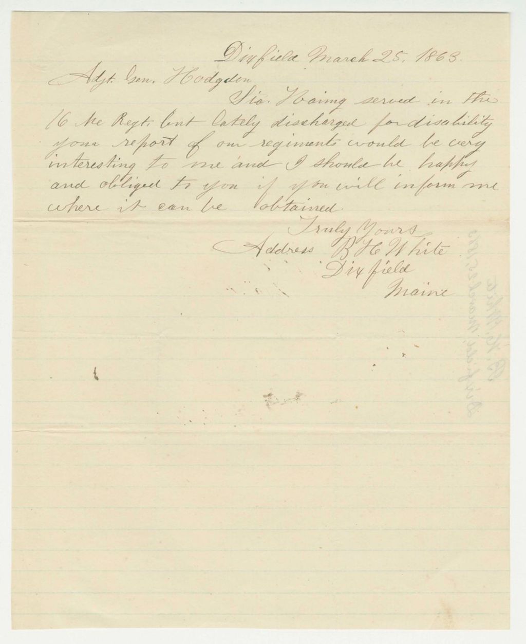 Miniature of B.H. White requests a report of the regiments from Adjutant General Hodsdon