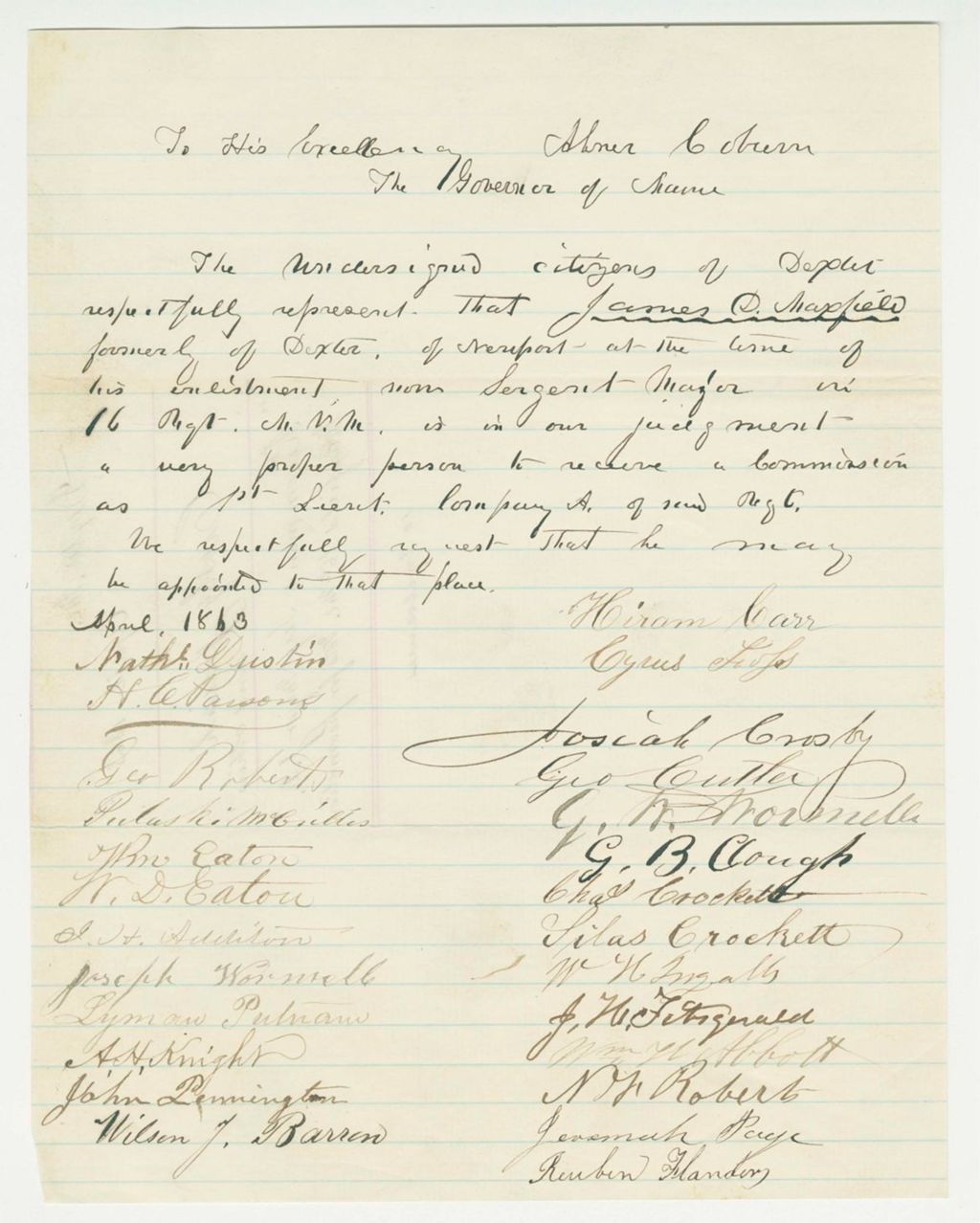 Miniature of Josiah Crosby and others recommend Sergeant Major James D. Maxfield for promotion