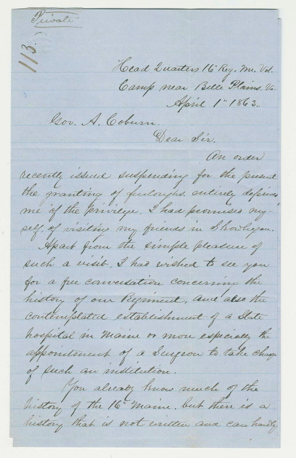Miniature of Chaplain George Bullen writes Governor Coburn regarding conflicts among officers