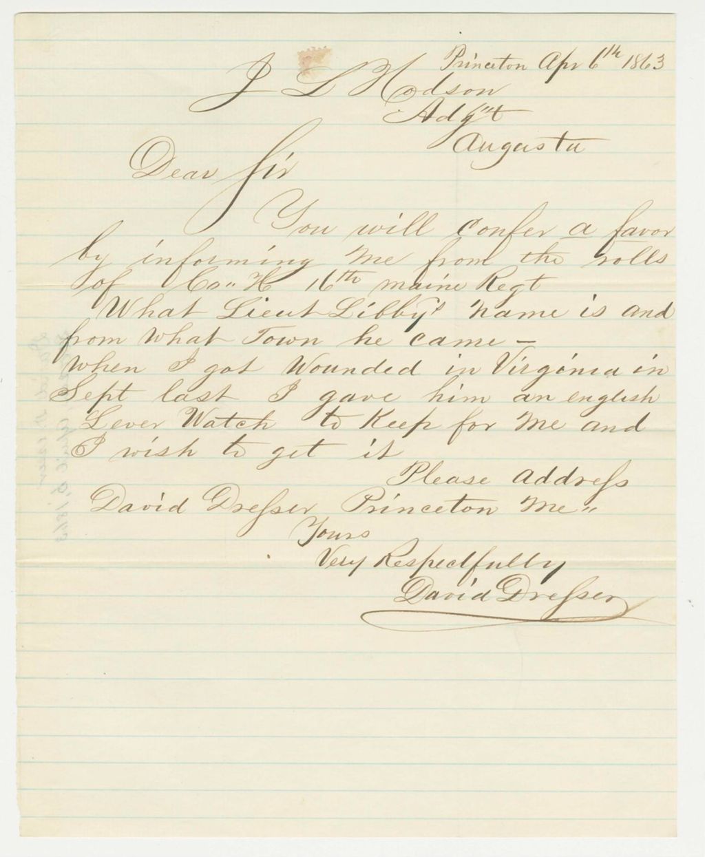 Miniature of David Dresser requests information on Lieutenant Libby of Company H