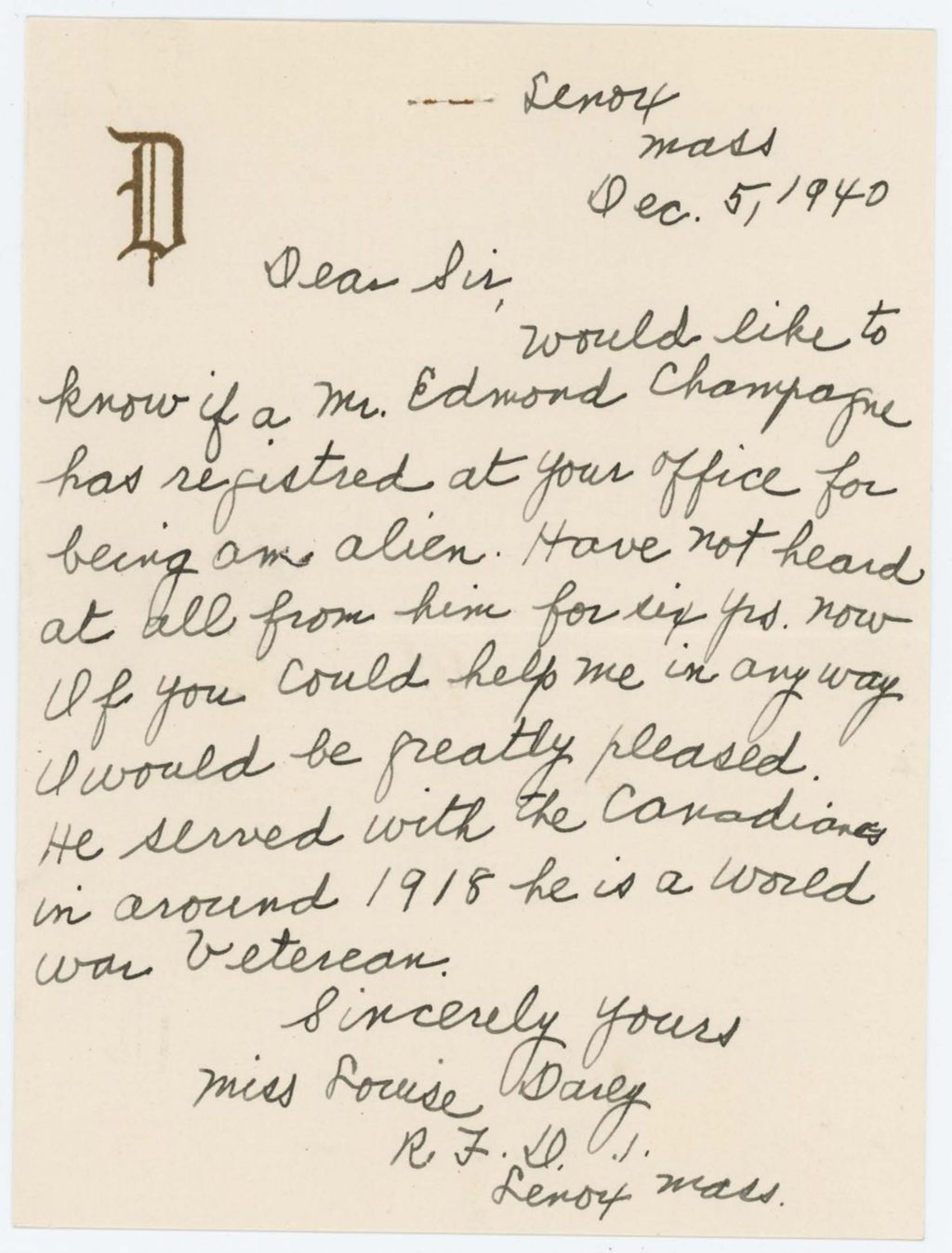 Miniature of Louise_Daily_letter_RE_Edmond_Champagne_5_Dec_1940