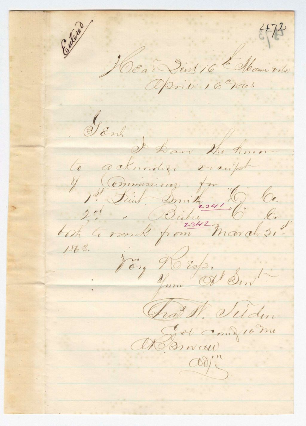Miniature of Colonel Tilden acknowledges commissions for Smith and Bisbee
