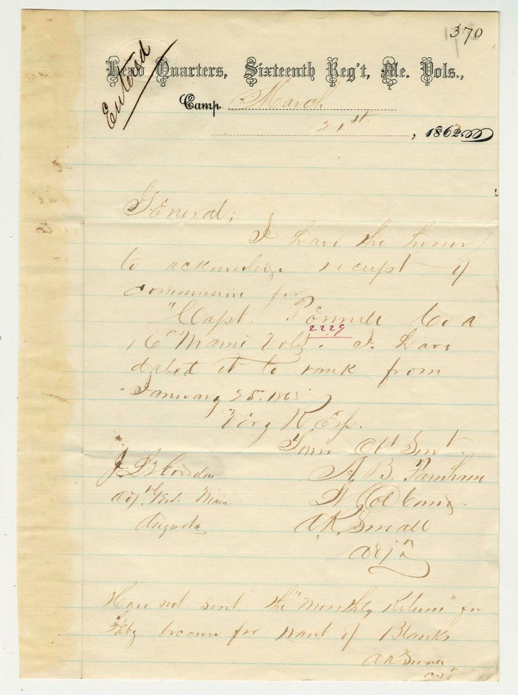 Miniature of Lt. Colonel A.B. Farnham acknowledges commission for Captain Isaac Pennell