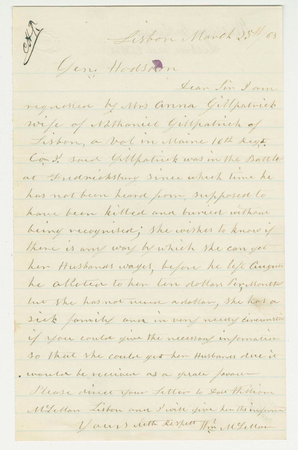 Miniature of William McLellan requests information on Nathaniel Gillpatrick on behalf of Anna Gillpatrick