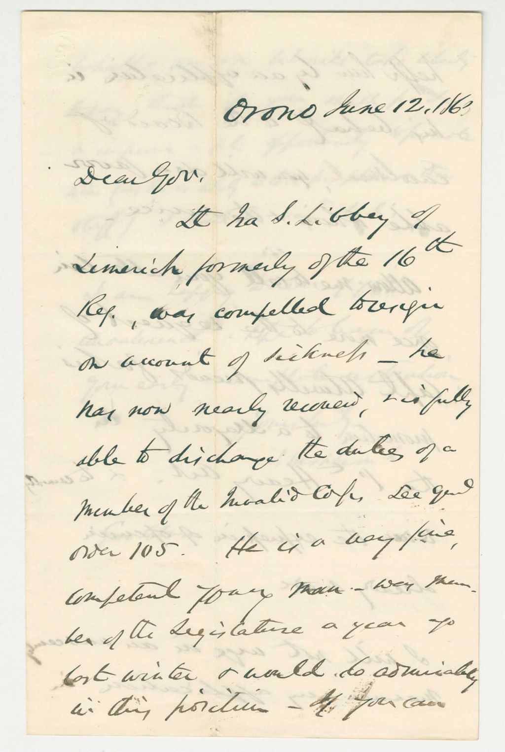 Miniature of Israel Washburn, Jr. recommends Ira S. Libbey for commission