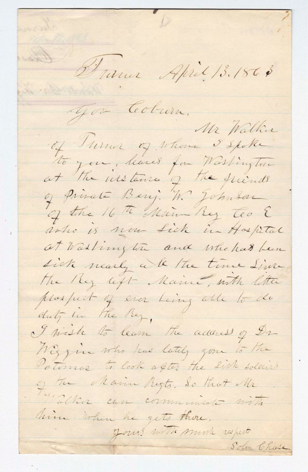 Miniature of Solon Chase requests the address of Dr. Wiggin