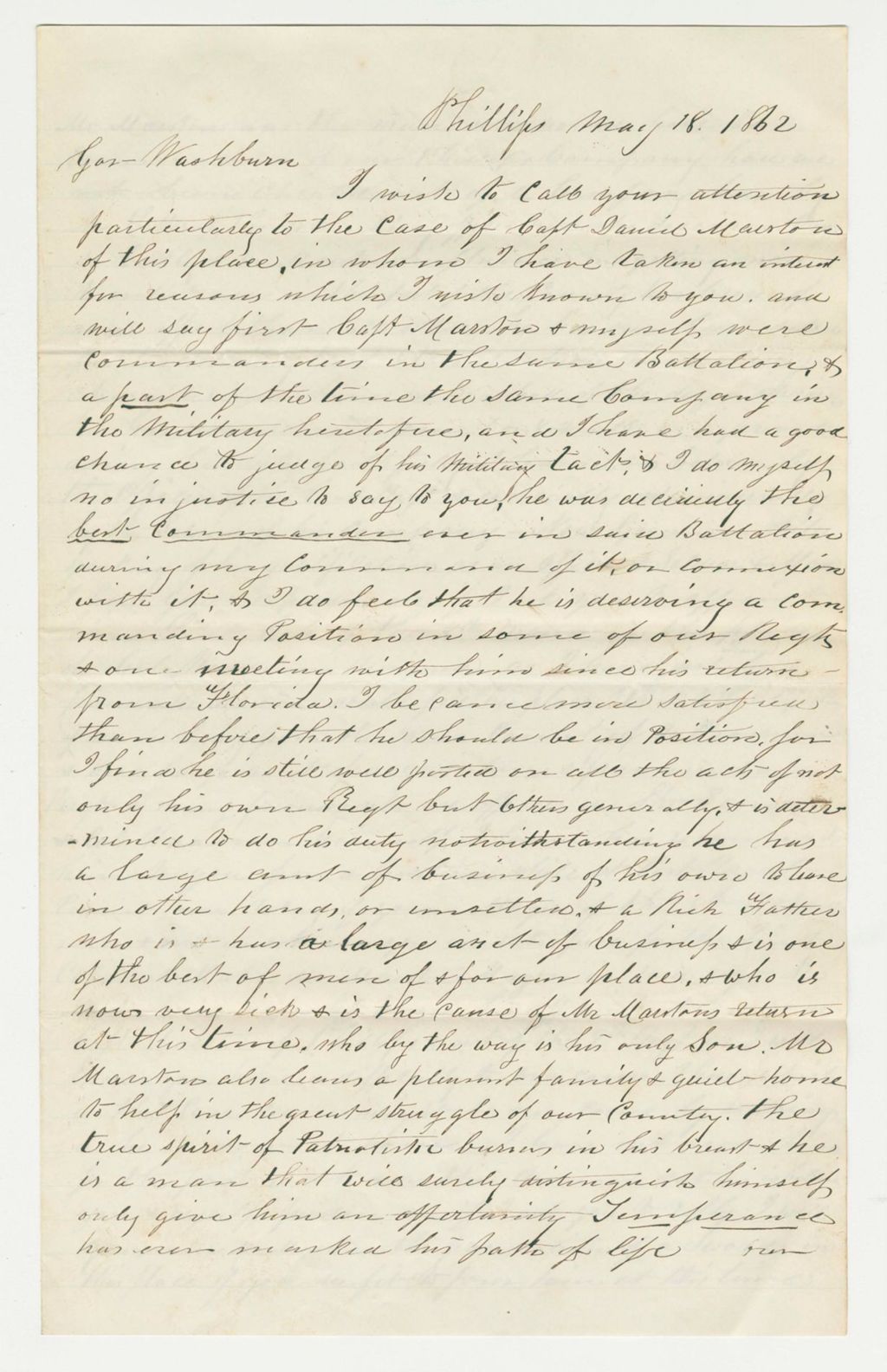 Miniature of Seward Dill recommends Captain Daniel Marston of the 8th Maine Regiment for promotion in a new regiment