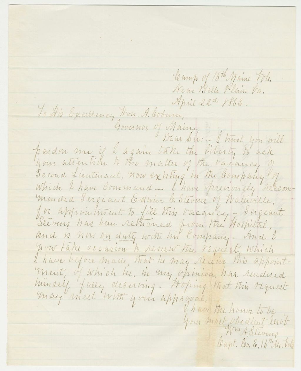 Miniature of Captain William A. Stevens requests reappointment of Sergeant Edwin C. Stevens
