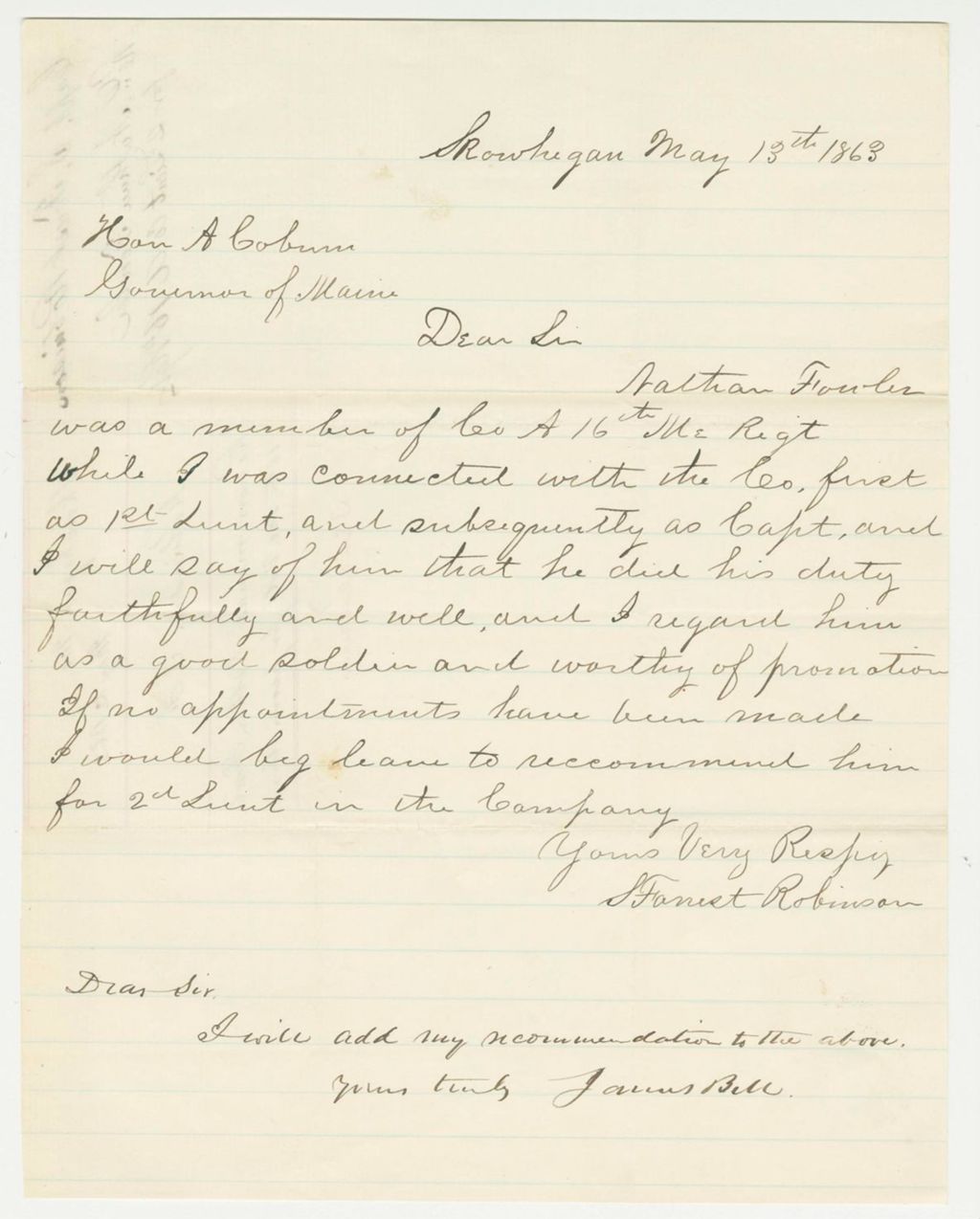 Miniature of Captain S. Forrest Robinson recommends Nathan Fowler for promotion