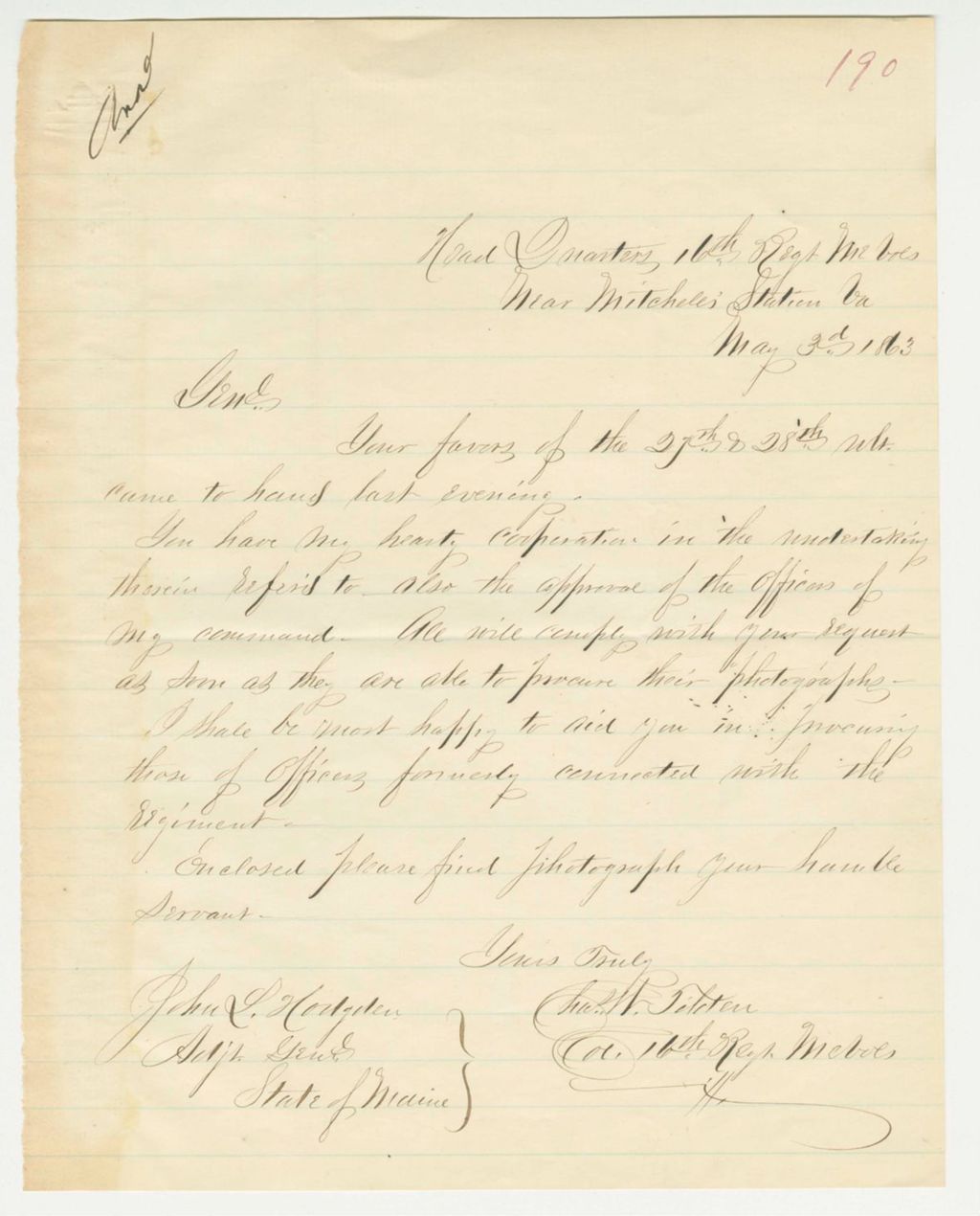 Miniature of Colonel Tilden writes Adjutant General Hodsdon regarding requested photographs of regiment officers