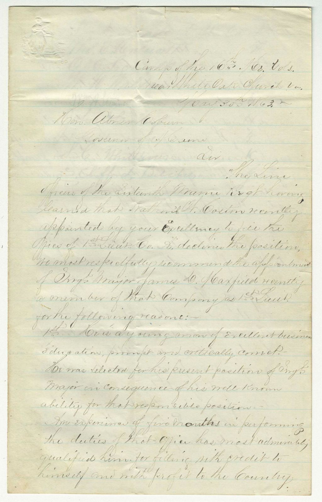 Miniature of Officers of the regiment recommend promotion of James Maxfield
