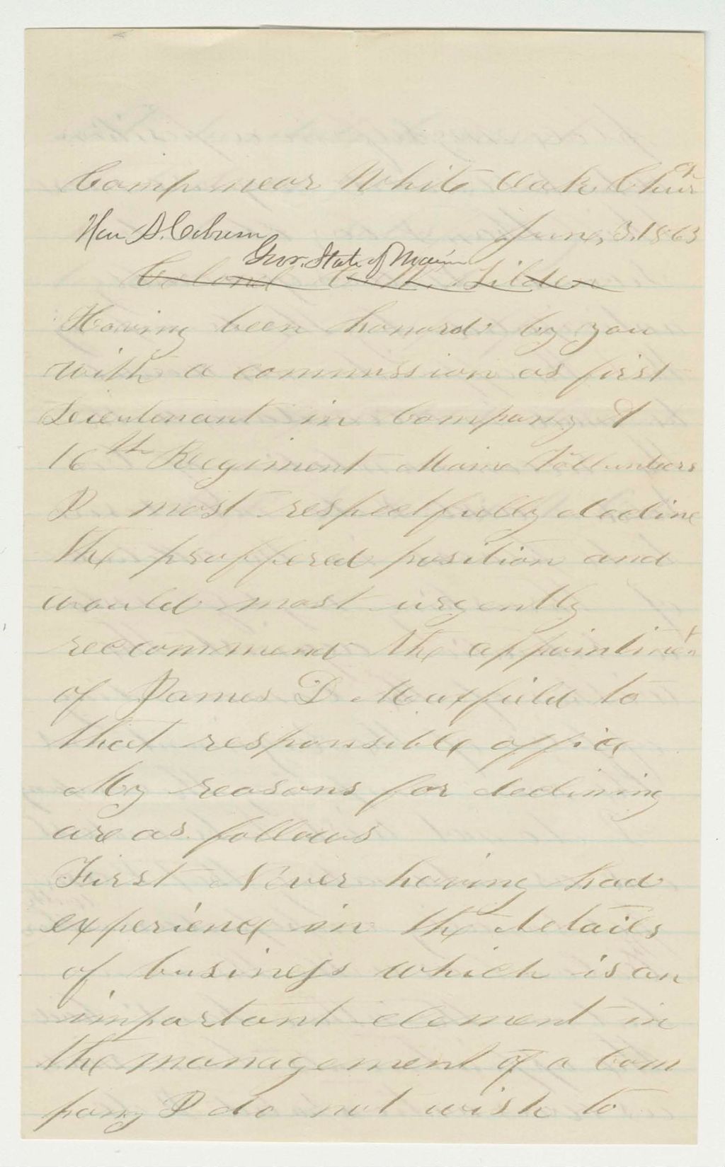 Miniature of Sergeant Nathaniel Coston declines his commission and recommends James D. Maxfield