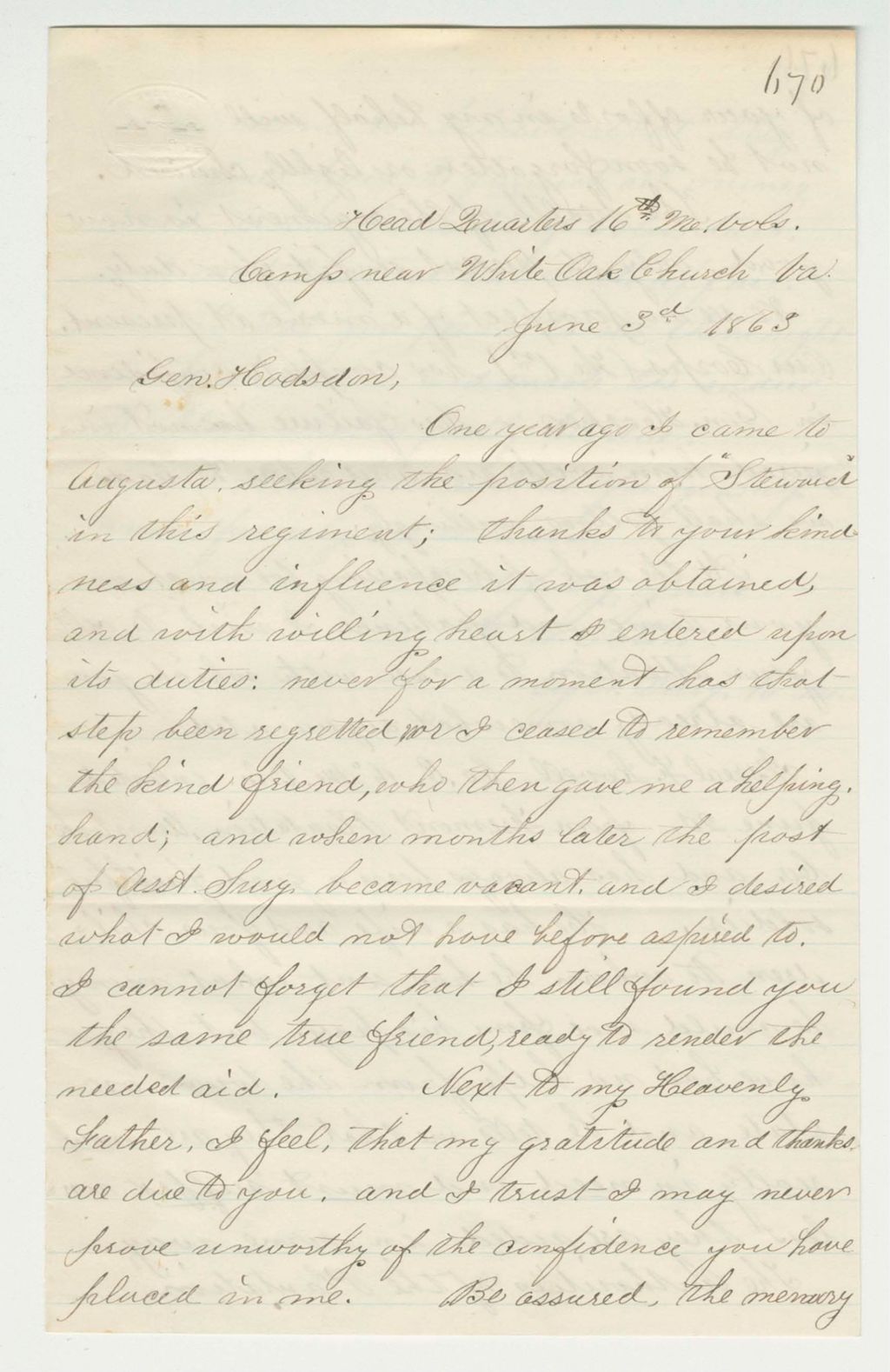 Miniature of Assistant Surgeon W. Eaton updates General Hodsdon about the regiment