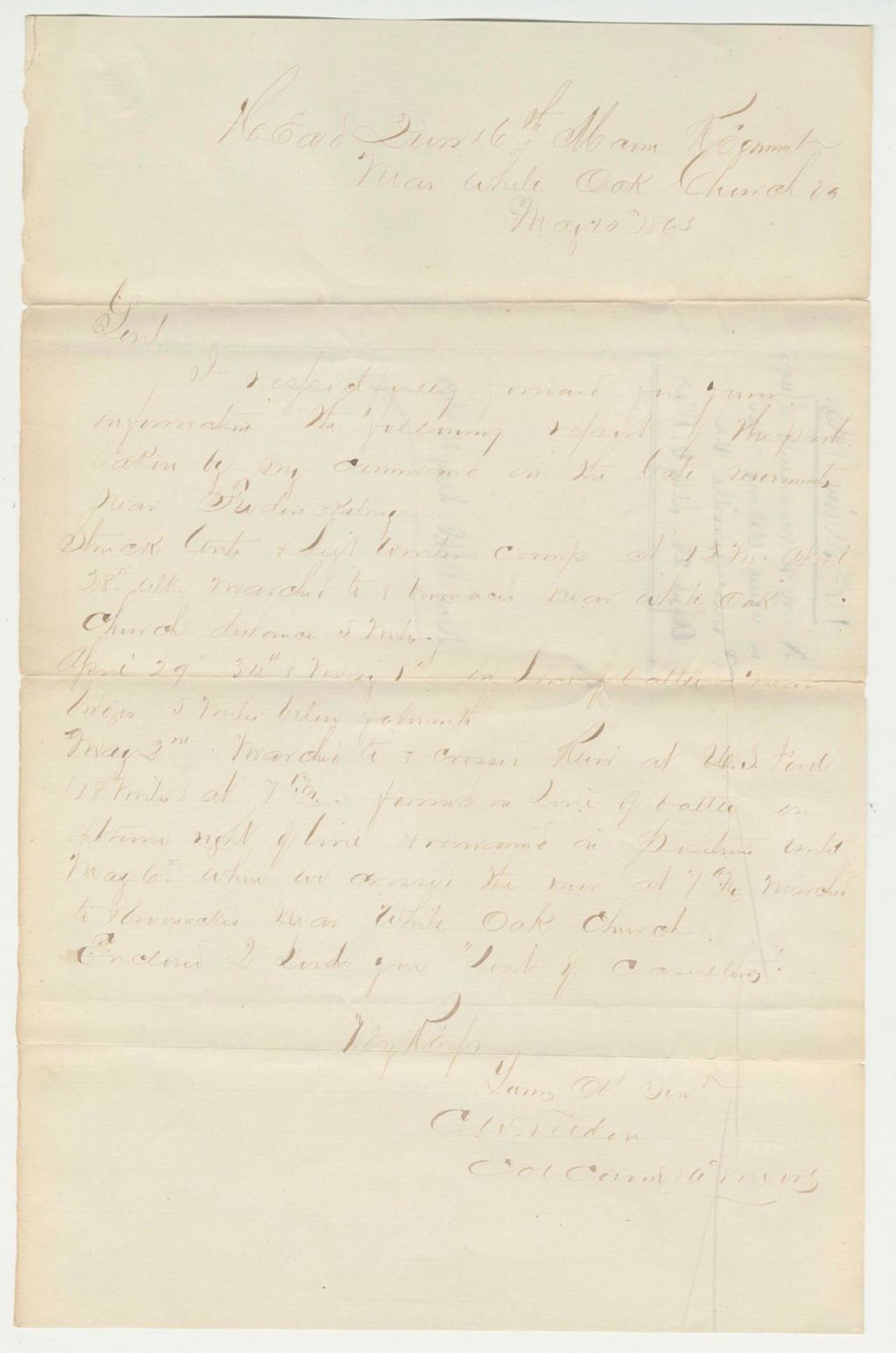 Miniature of Colonel Tilden reports movement of the regiment near Chancellorsville, Virginia April 28-May 6, 1863
