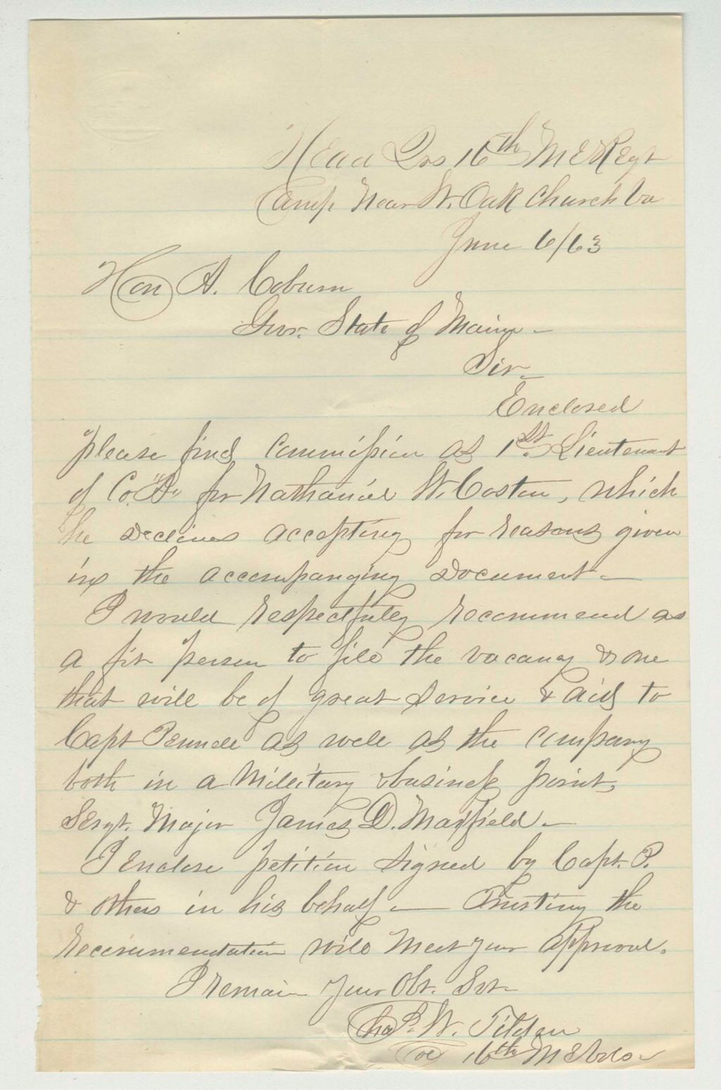Miniature of Colonel Tilden forwards the commission of Lieutenant Nathaniel Coston to Governor Coburn
