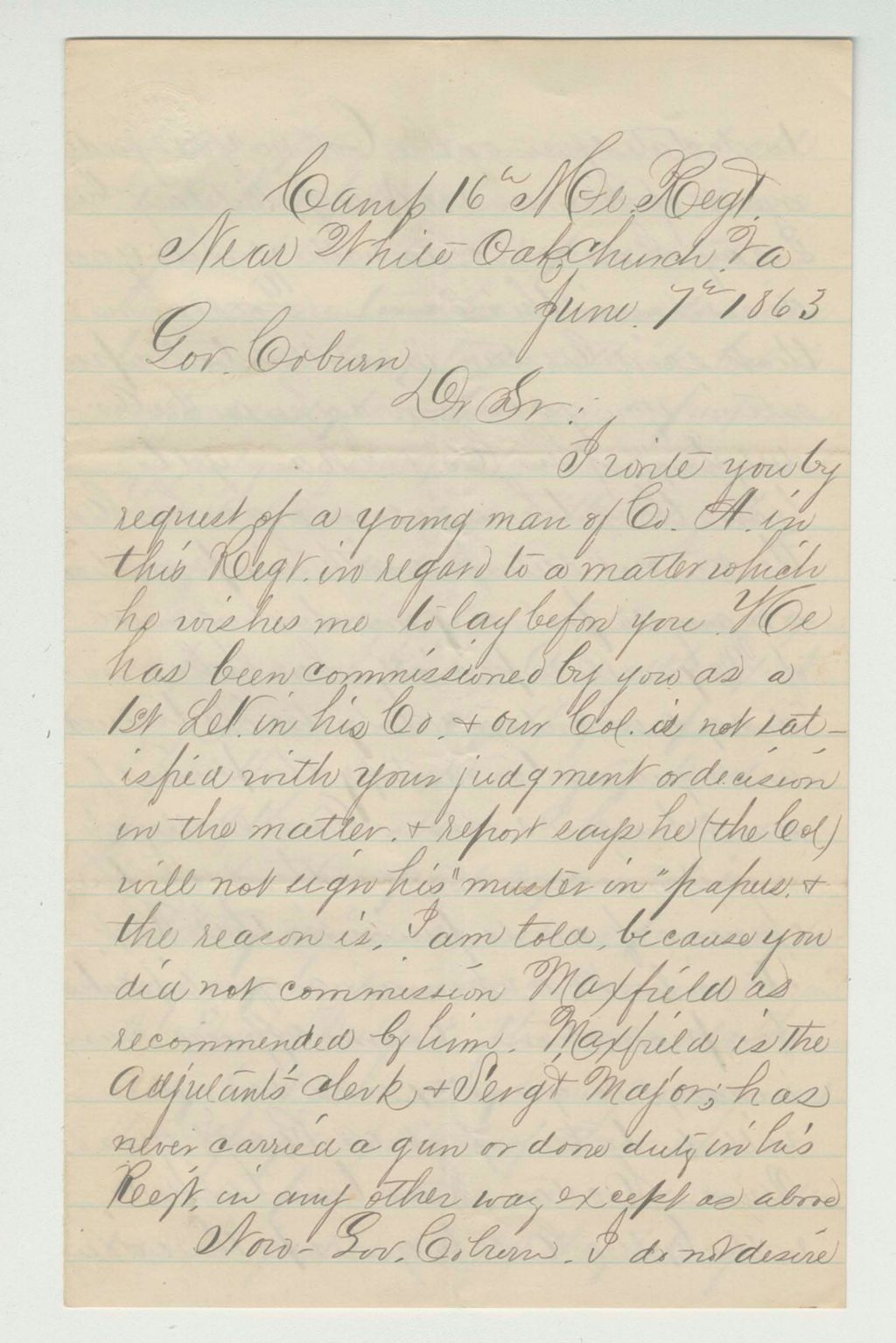 Miniature of Captain Daniel Marston writes Governor Coburn about concerns with Maxfield's drinking and unsuitability for promotion over Coston