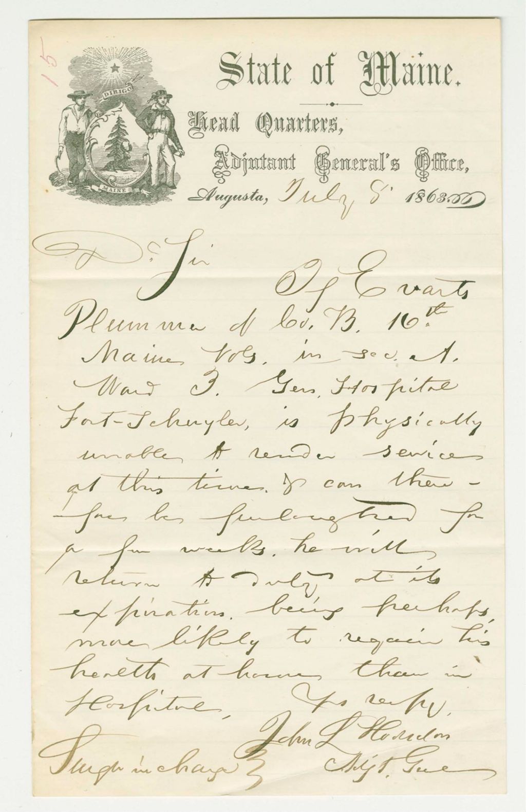 Miniature of Adjutant General Hodsdon recommends Private Evarts Plummer for furlough