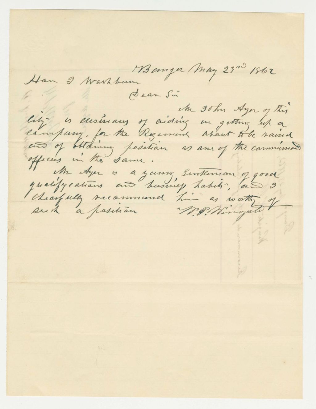 Miniature of W.P. Wingate recommends John Ayer for position in a new regiment