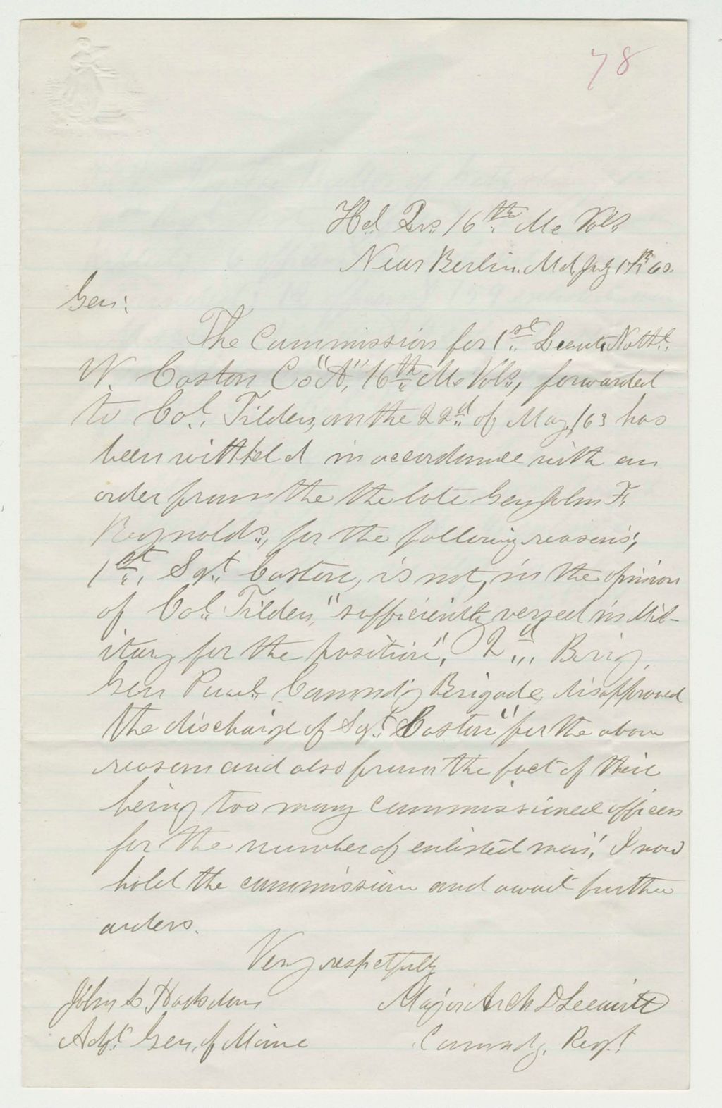Miniature of Major Leavitt informs Adjutant General Hodsdon that Nathaniel Coston's commission has been withheld