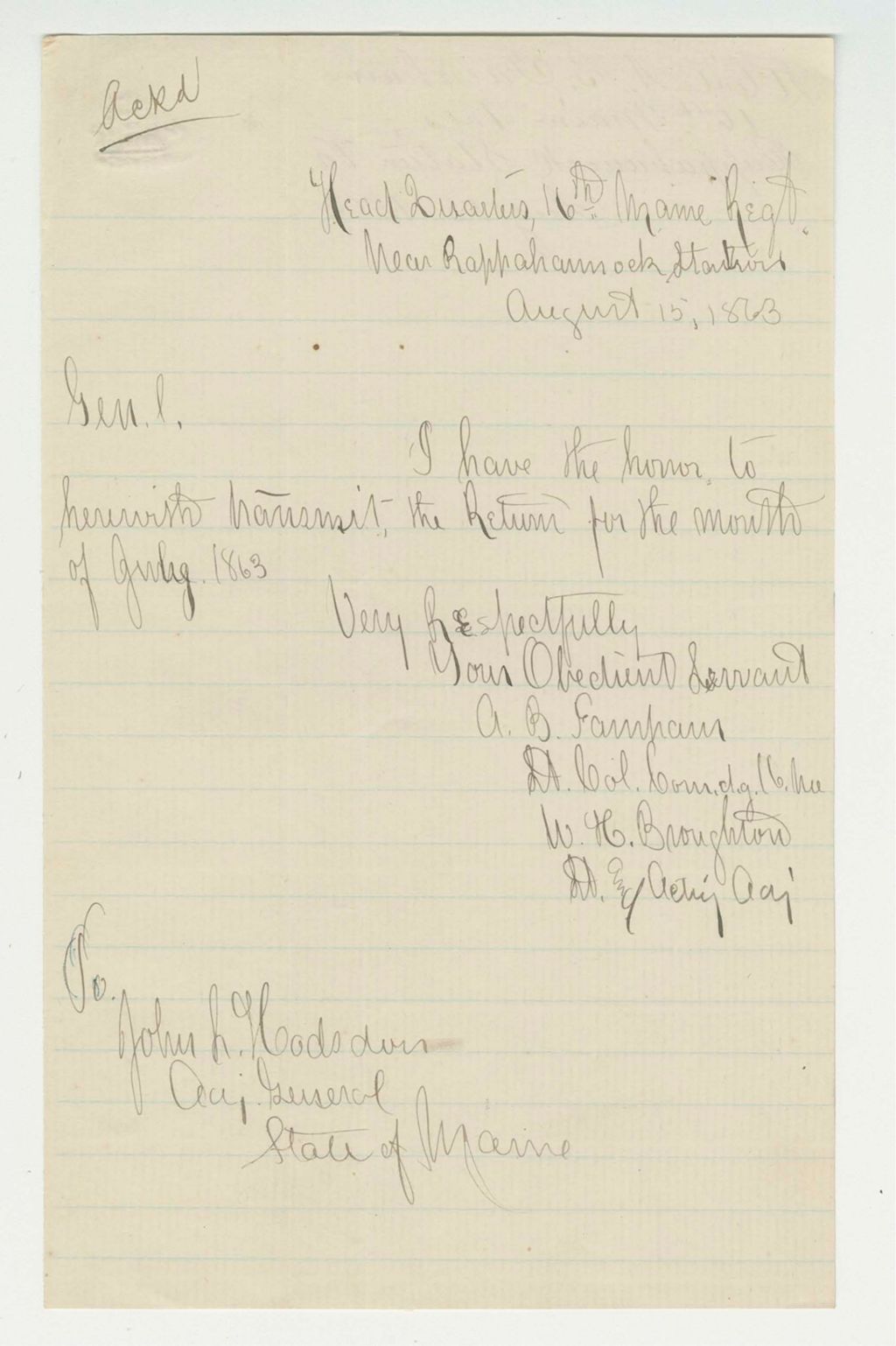 Miniature of Lieutenant Colonel A.B. Farnham forwards the July 1863 monthly return