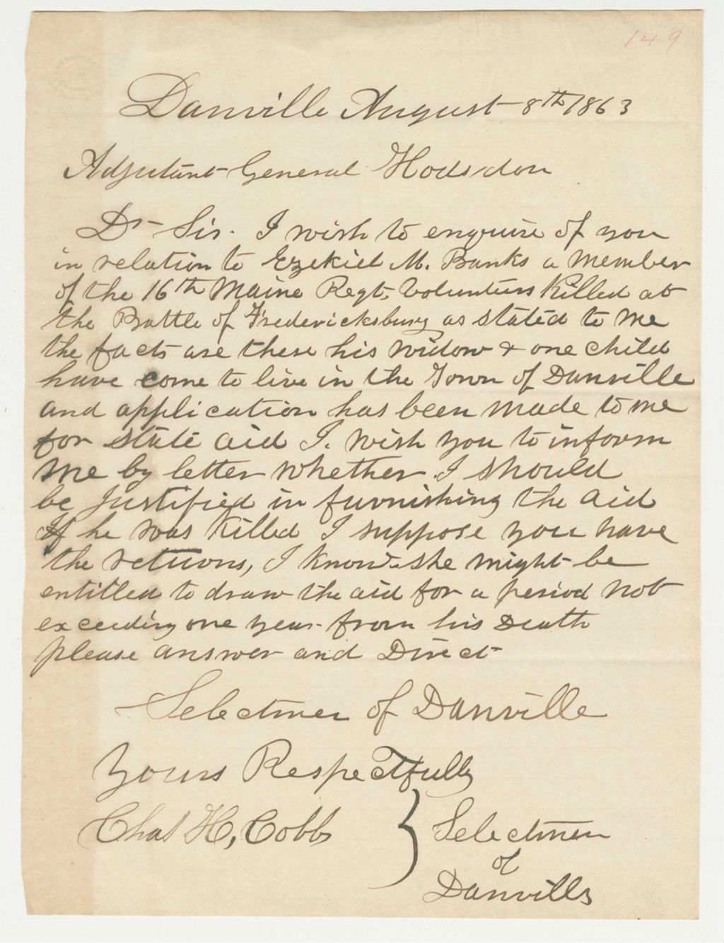 Miniature of Charles H. Cobb and selectmen of Danville inquires about Ezekiel M. Banks, killed at Fredericksburg