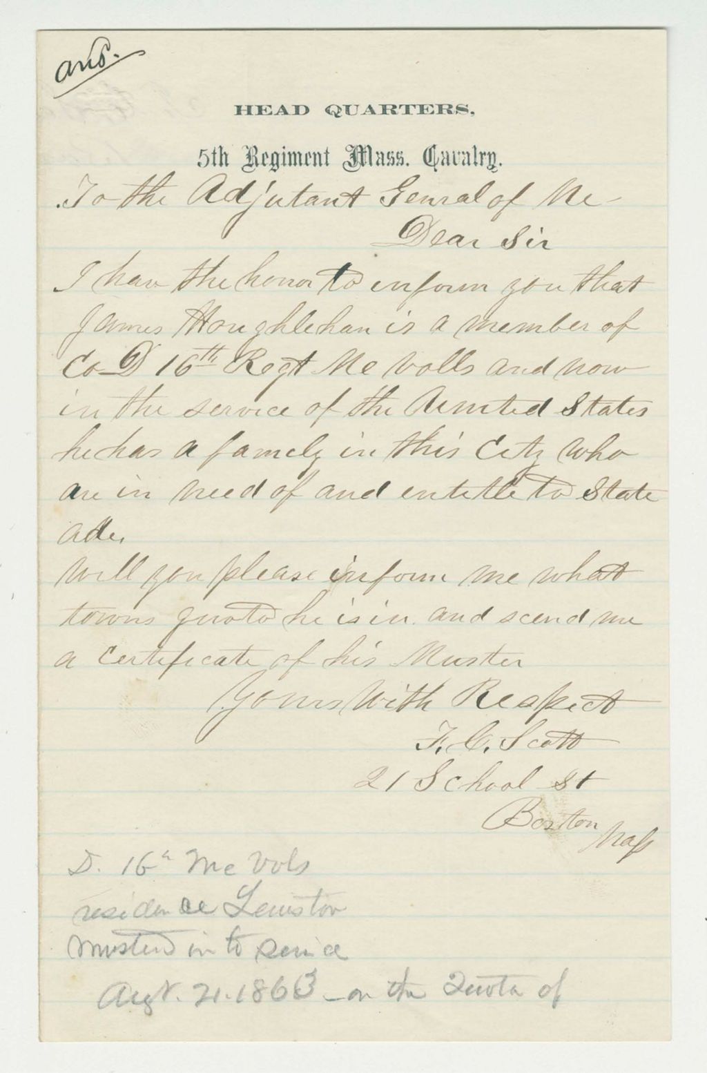 Miniature of F.C. Scott of the 5th Regiment, Massachusetts Calvary inquires about aid for family of James Houghlehan