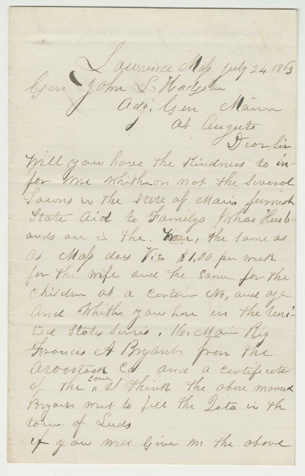 Miniature of Amasa Bryant inquires about state aid for families