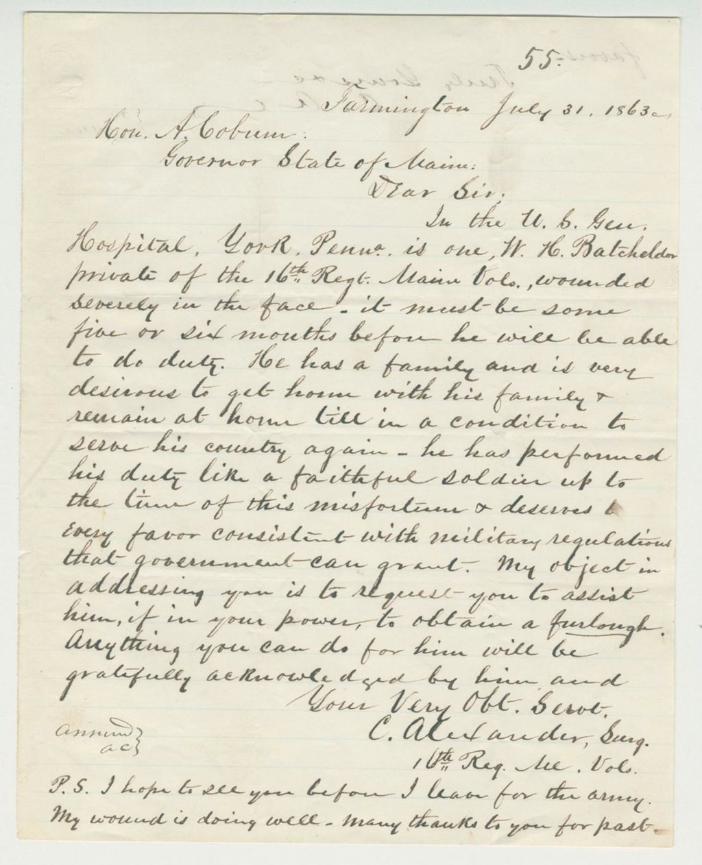 Miniature of Surgeon Charles Alexander requests a furlough for William H. Batchelder