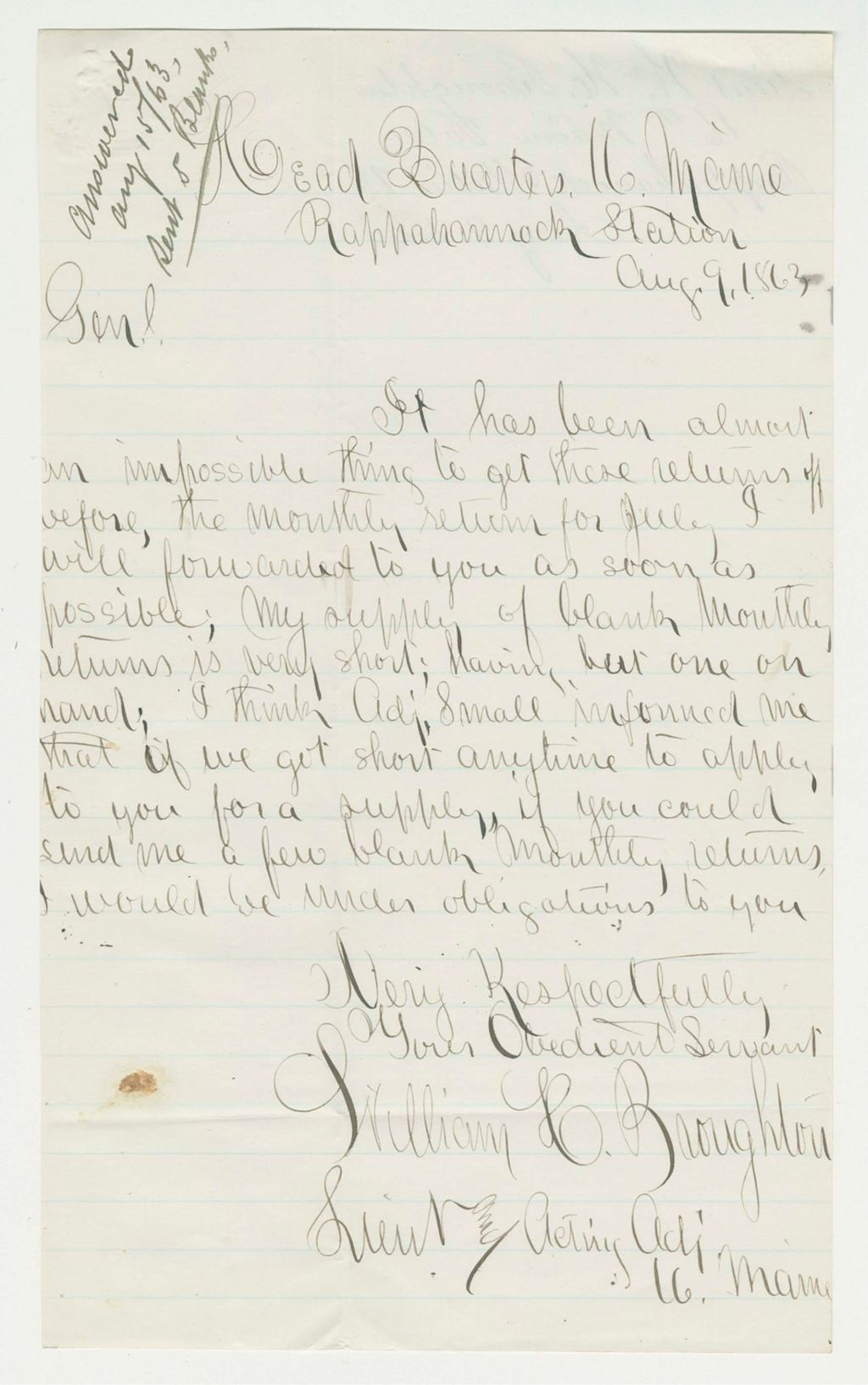 Miniature of Lieutenant / Acting Adjutant William Broughton requests monthly returns