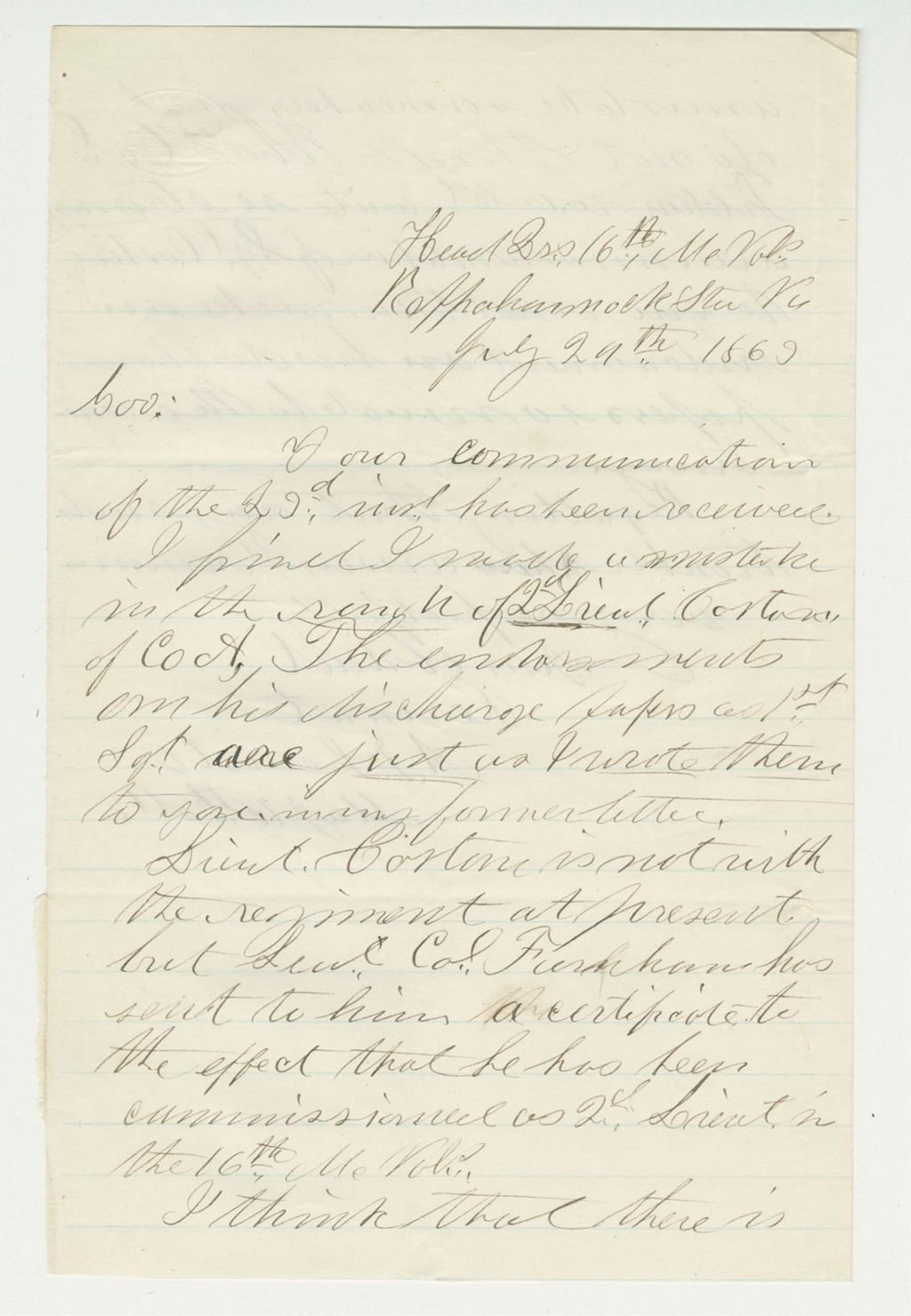 Miniature of A. Leavitt writes regarding Lieutenant Coston