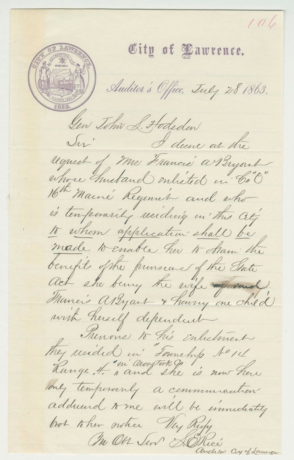 Miniature of S. Rice, Auditor of the City of Lawrence, inquires about aid for Mrs. Frances Bryant