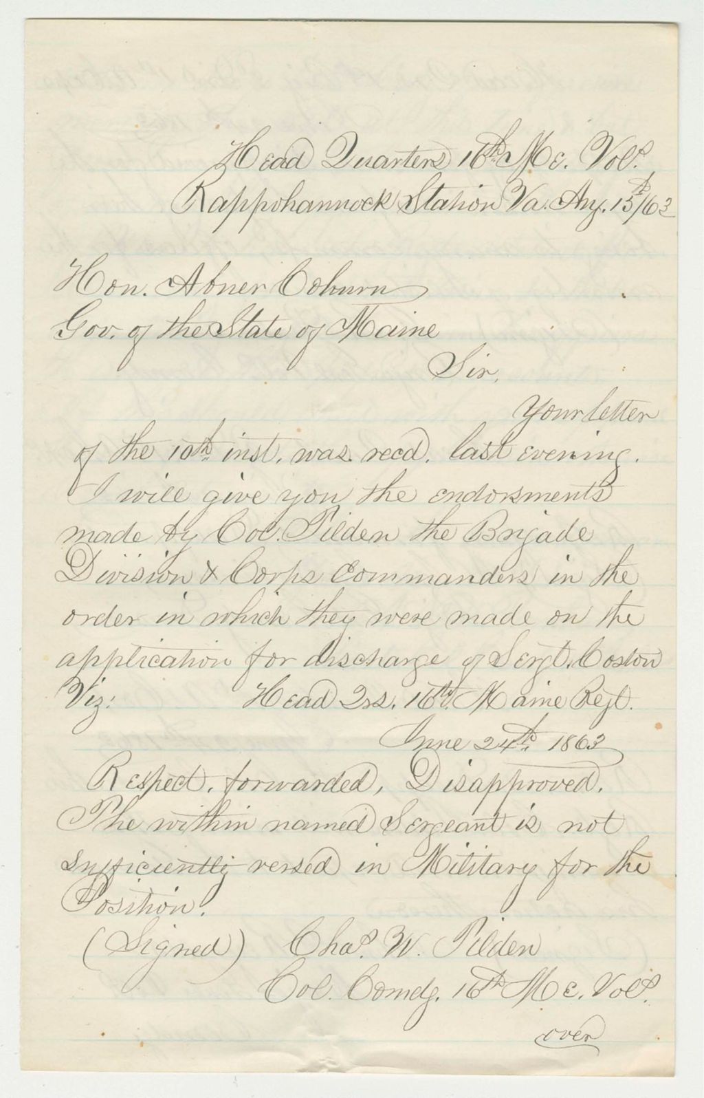 Miniature of Lieutenant Colonel Farnham writes Governor Coburn about the disapproval of officers regarding promotion of Sergeant Coston