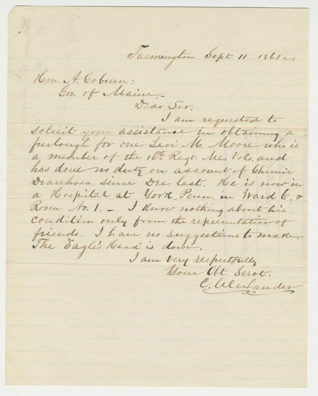 Miniature of Surgeon Charles Alexander requests furlough on behalf of Levi M. Moore