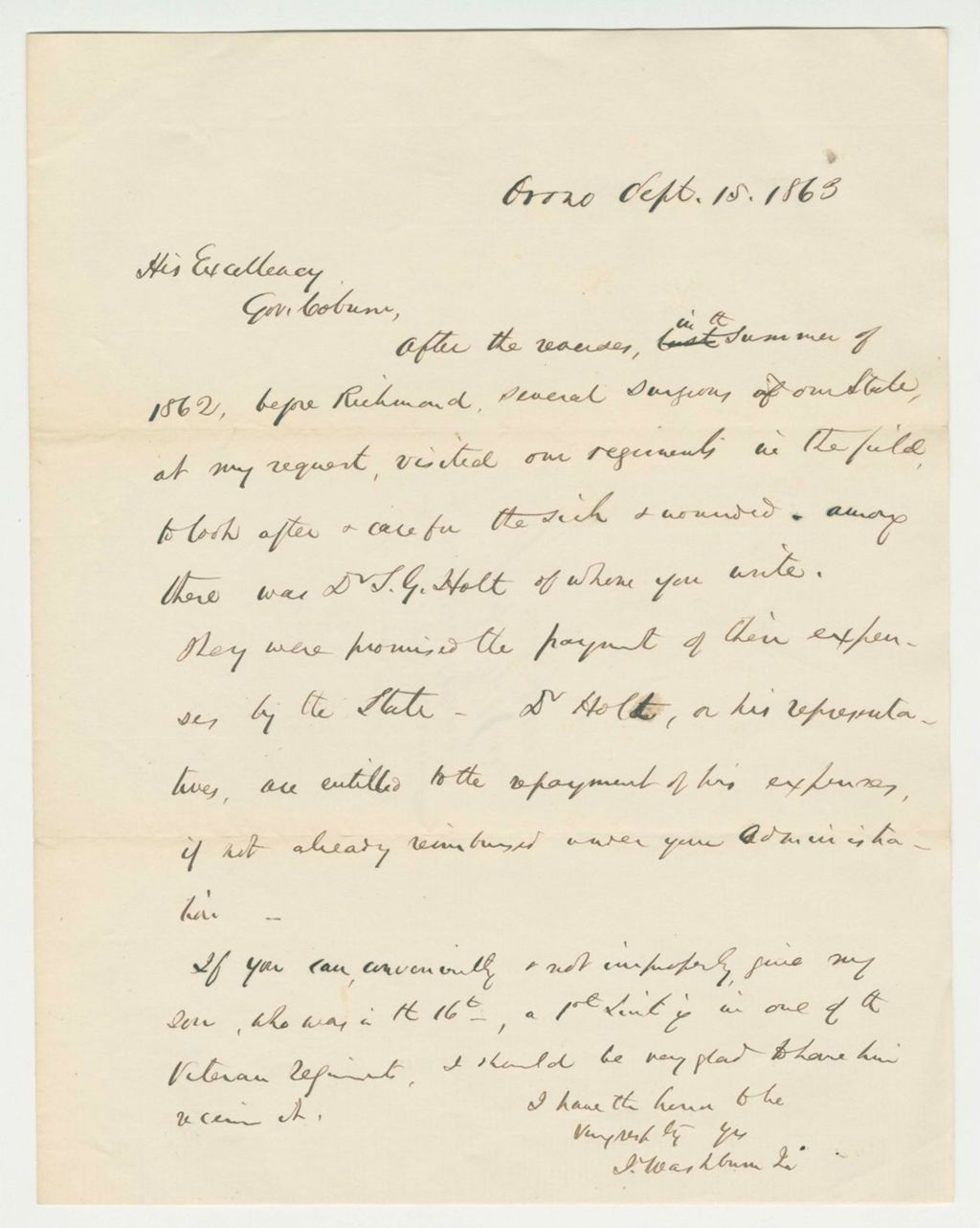 Miniature of Israel Washburn, Jr. writes Governor Coburn regarding reimbursement of Dr. Holt