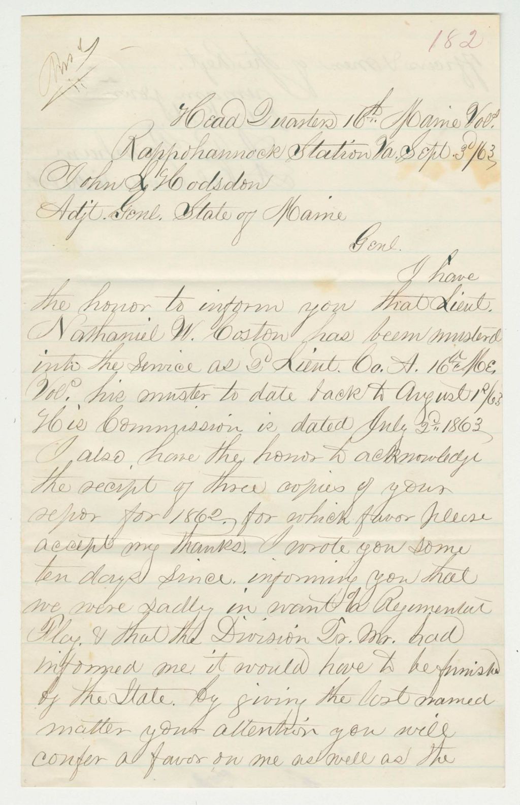 Miniature of Lt. Colonel A.B. Farnham informs General Hodsdon of the appointment of Nathaniel W. Coston as 2nd Lieutenant, and requests a new regimental flag