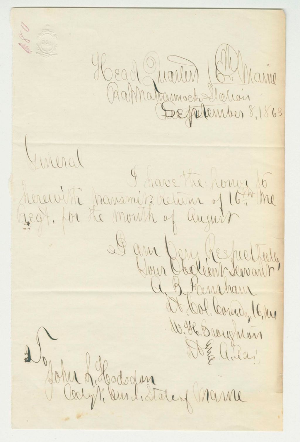 Miniature of Lt. Colonel A.B. Farnham forwards the August return