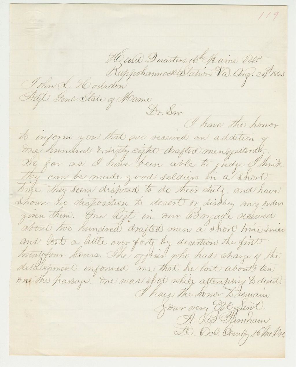 Miniature of Lieutenant Colonel A.B. Farnham reports arrival of 168 drafted men