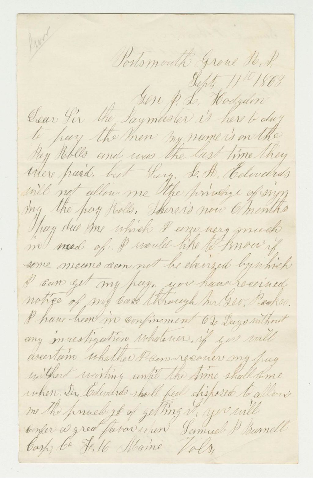 Miniature of Samuel P. Burnell writes regarding his pay, which he has not received for 6 months