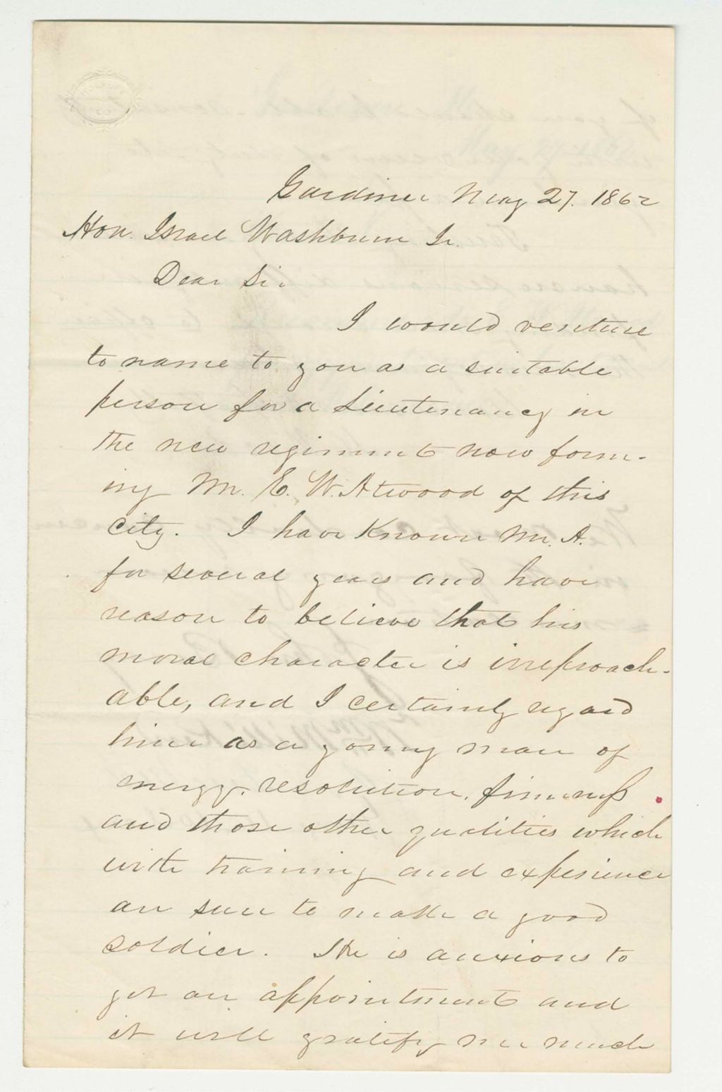 Miniature of N. Woods and others recommend E.W. Atwood for appointment as Lieutenant