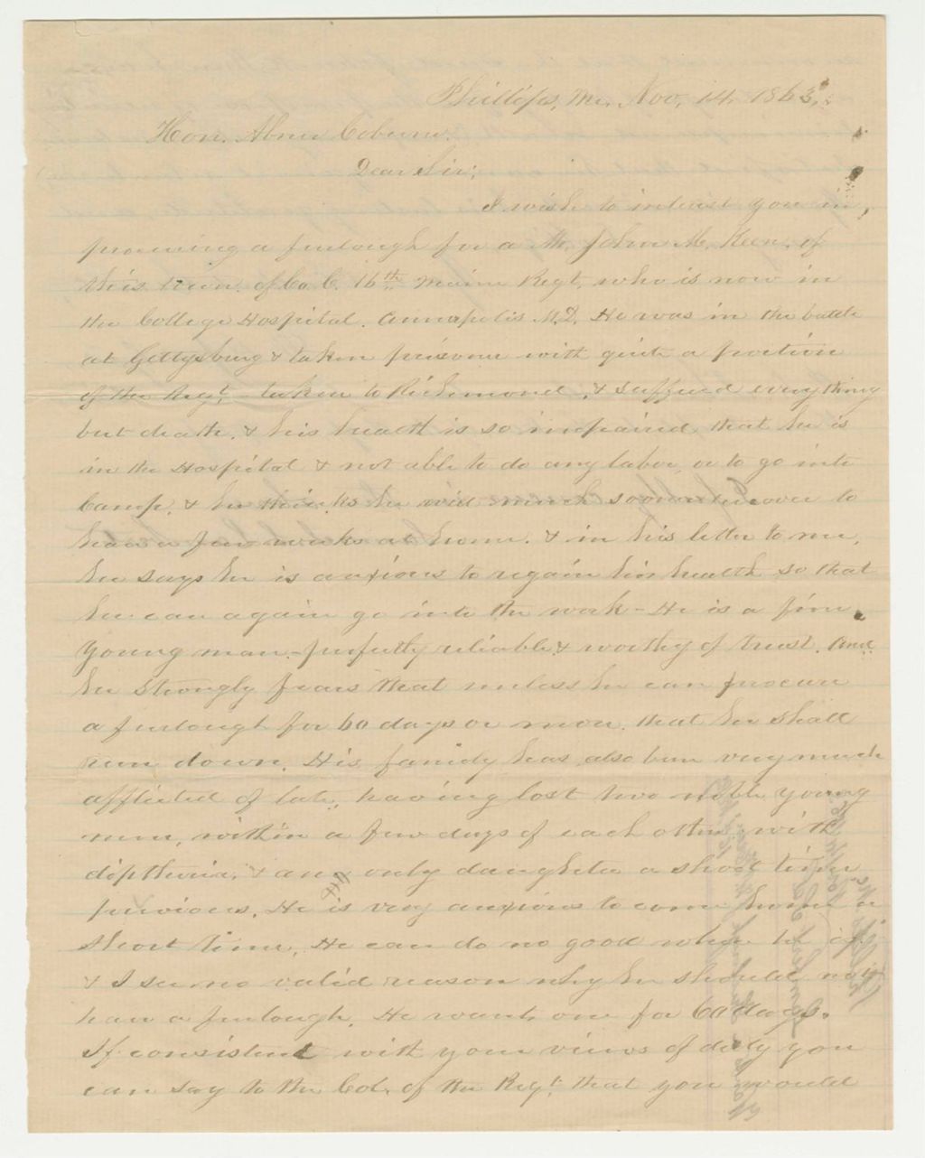Miniature of W.H. Josselyn requests a furlough for John M. Keen