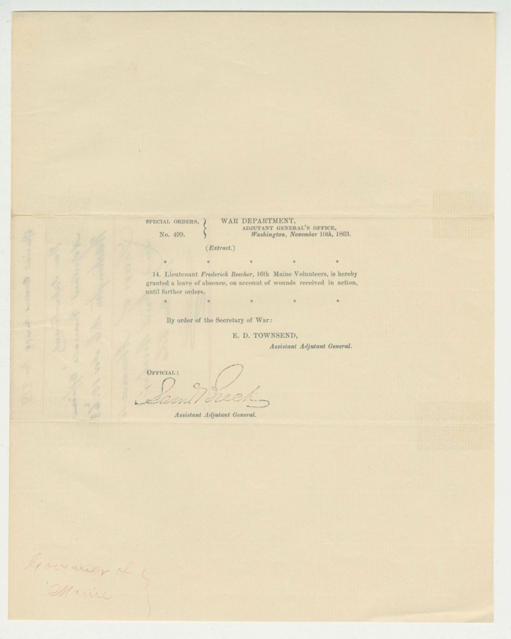 Miniature of Special Order 499 granting Lieutenant Frederick Beecher a leave of absence due to wounds
