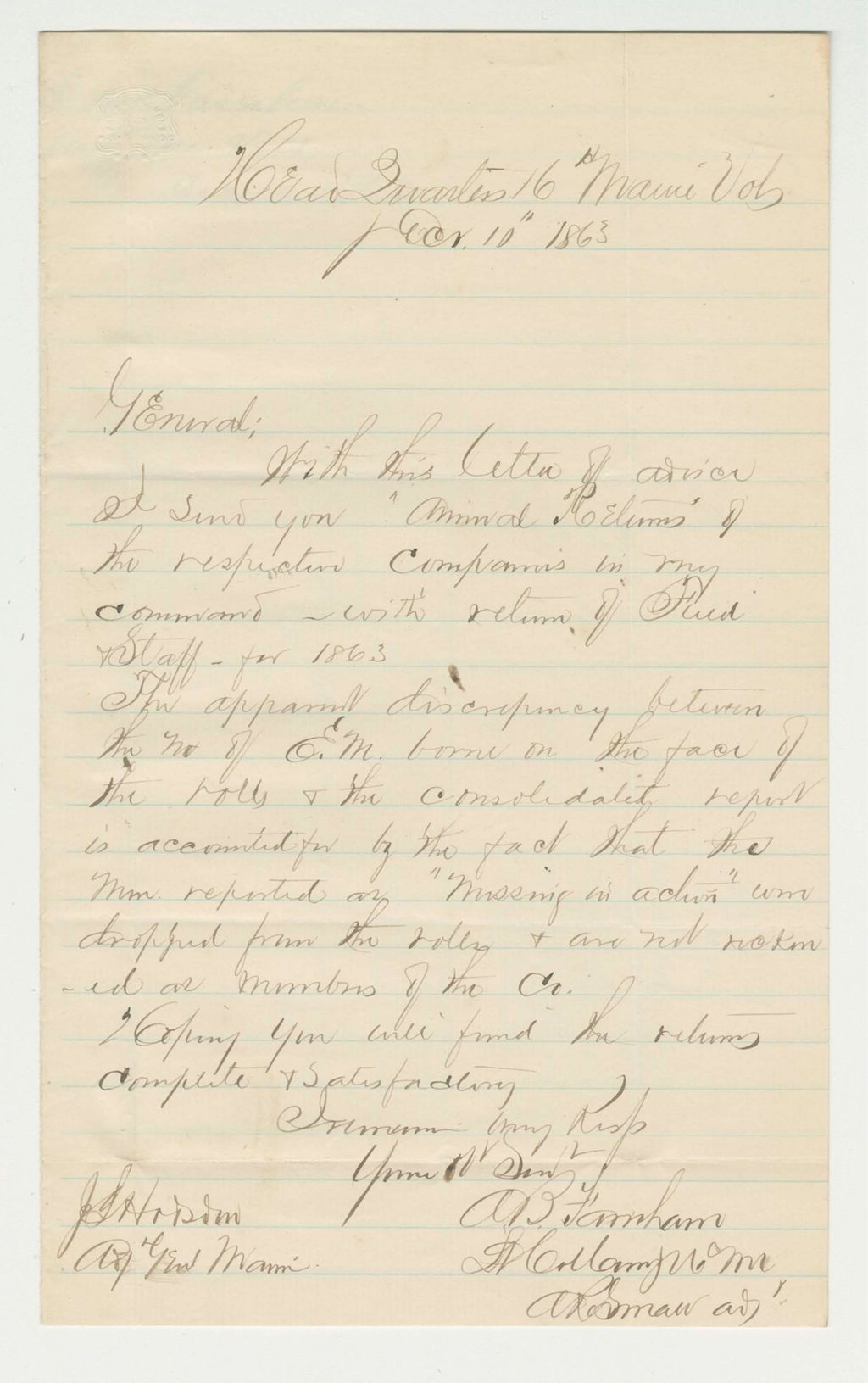 Miniature of Lt. Colonel Farnham writes General Hodsdon regarding annual returns