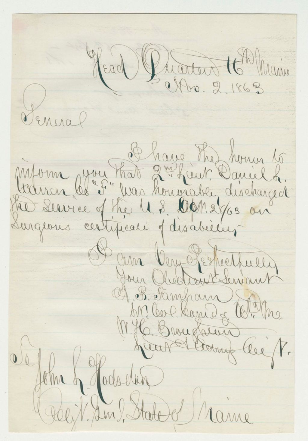 Miniature of Lt. Colonel Farnham reports the honorable discharge of Daniel Warren