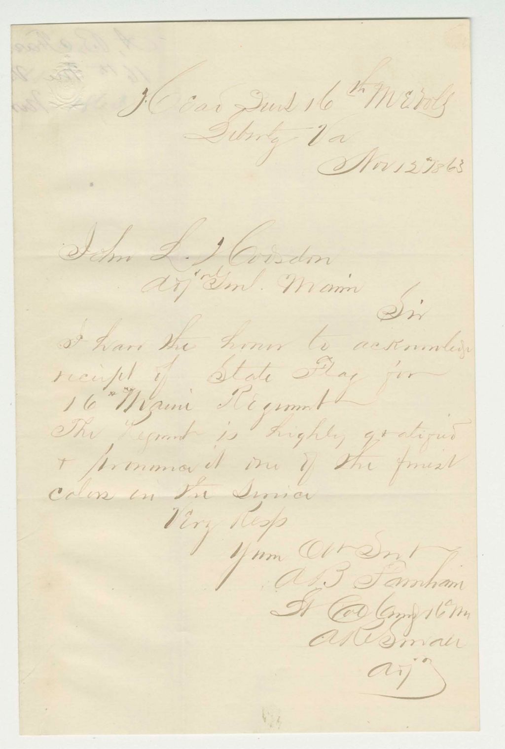 Miniature of Lt. Colonel Farnham acknowledges receipt of the state flag for the regiment