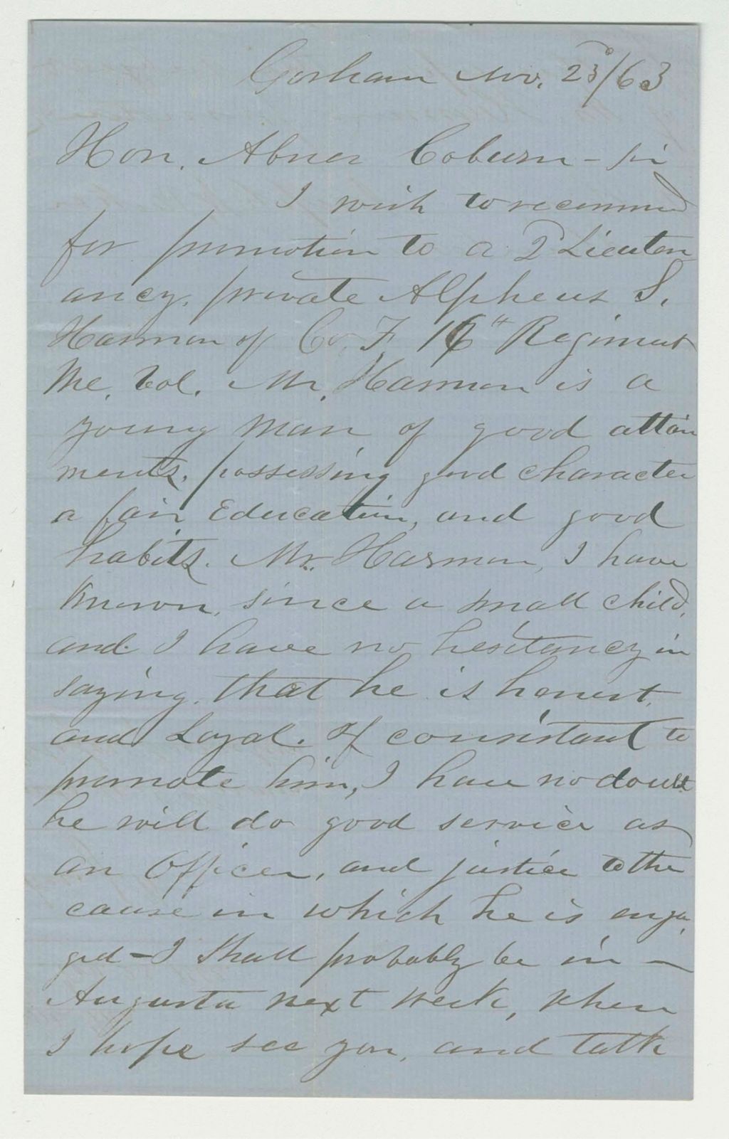 Miniature of J.W. Parker recommends Alpheus Harmon for promotion