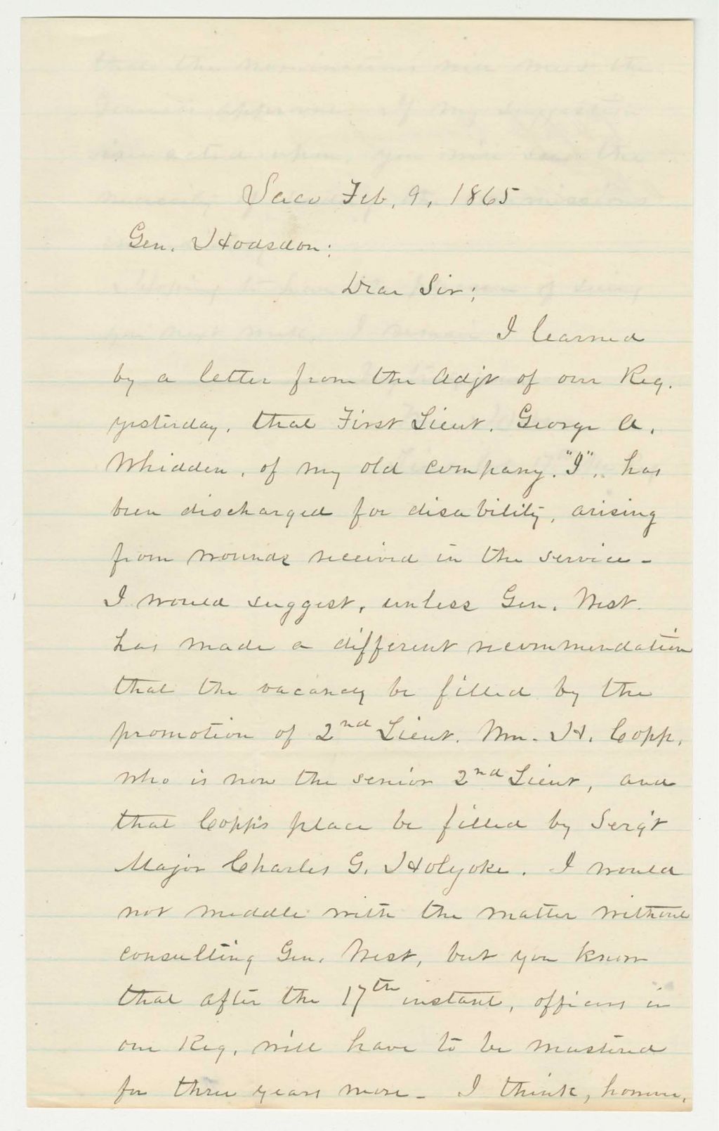 Miniature of Letter to General Hodsdon recommending William H. Copp and Charles Holyoke for promotion