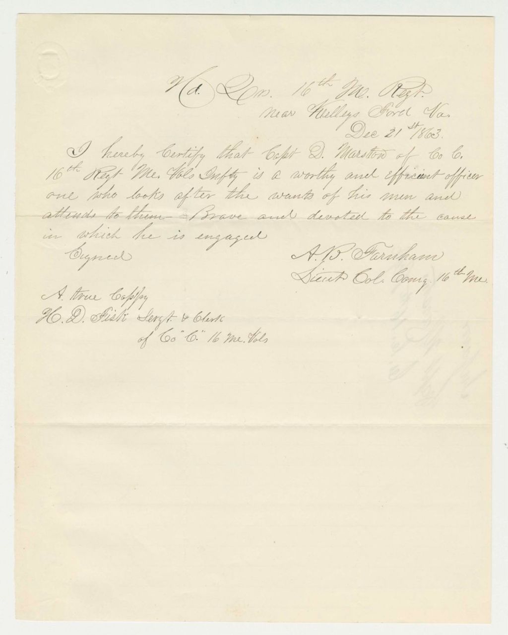 Miniature of Lieutenant Colonel Farnham recommends Captain Daniel Marston for promotion