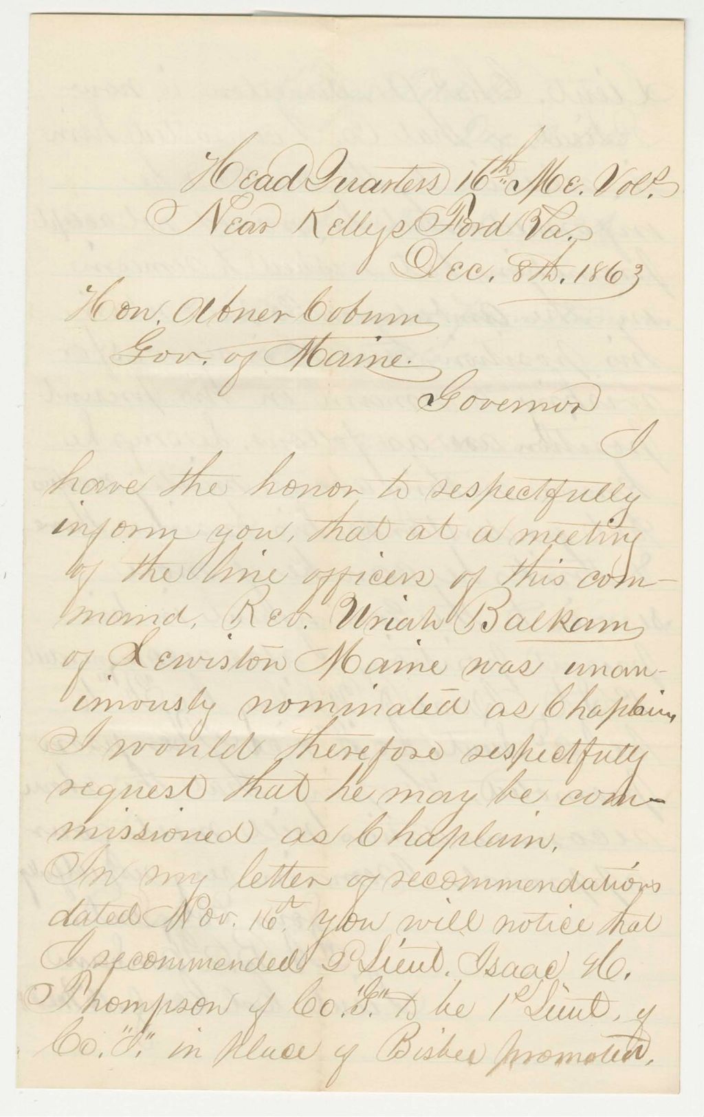 Miniature of Lieutenant Colonel A.B. Farnham recommends promotions, including nomination of Reverend Uriah Balkam as chaplain