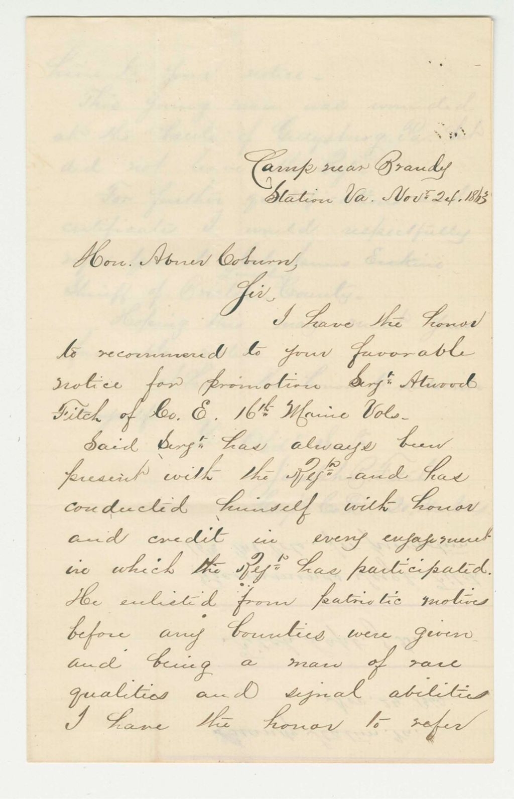 Miniature of Captain Joseph Fitch recommends Sergeant Atwood Fitch for promotion